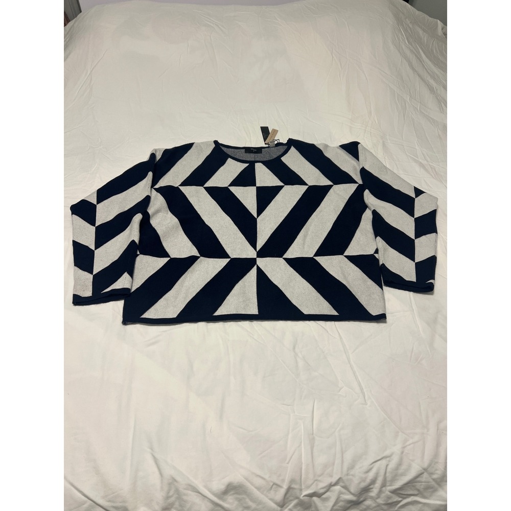Tahari Navy White Geometric Star Knit Sweater Crew Neck XL NWT TH35324